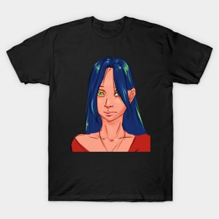 Blue Hair Glowing Green Eyes Eerie Looking Girl With Piercing Halloween Design T-Shirt